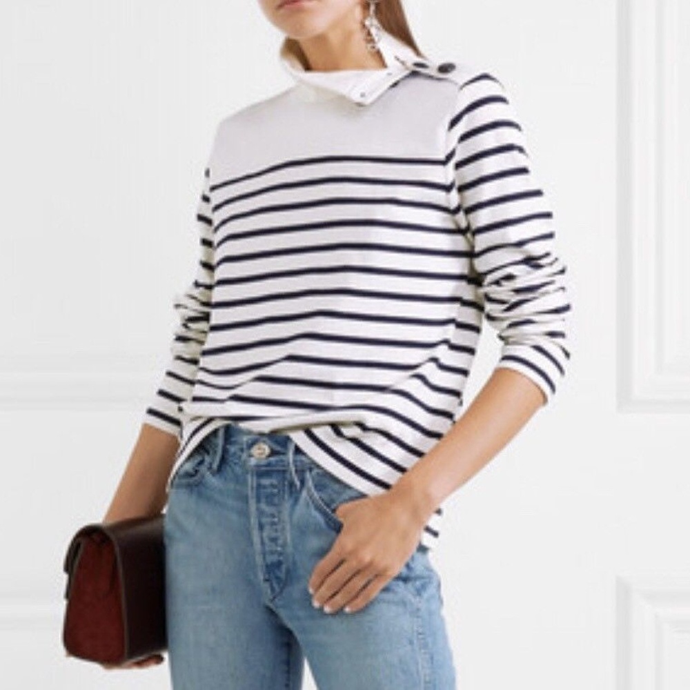 J Crew M Striped Button Turtleneck Navy Ivory